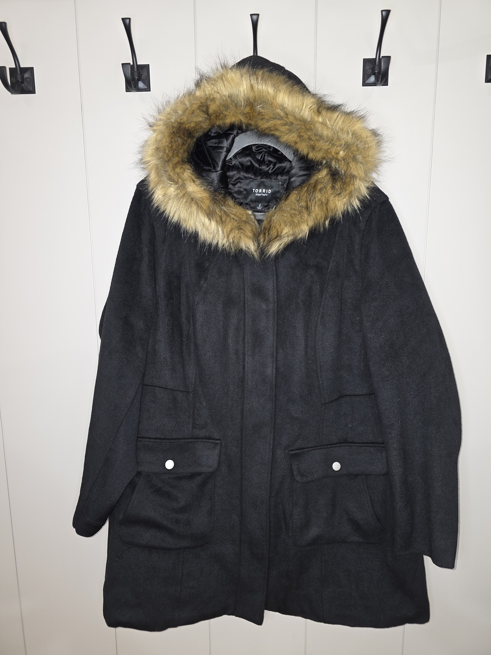 Torrid Black Hooded Faux Fur-Trim Fit And Flare Wool Blend Coat Size 2
